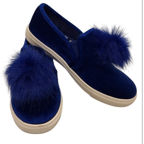 Betsey Johnson Shoes - Betsey Johnson Zappp Royal blue velvet loafers with pom poms women’s 7.5…